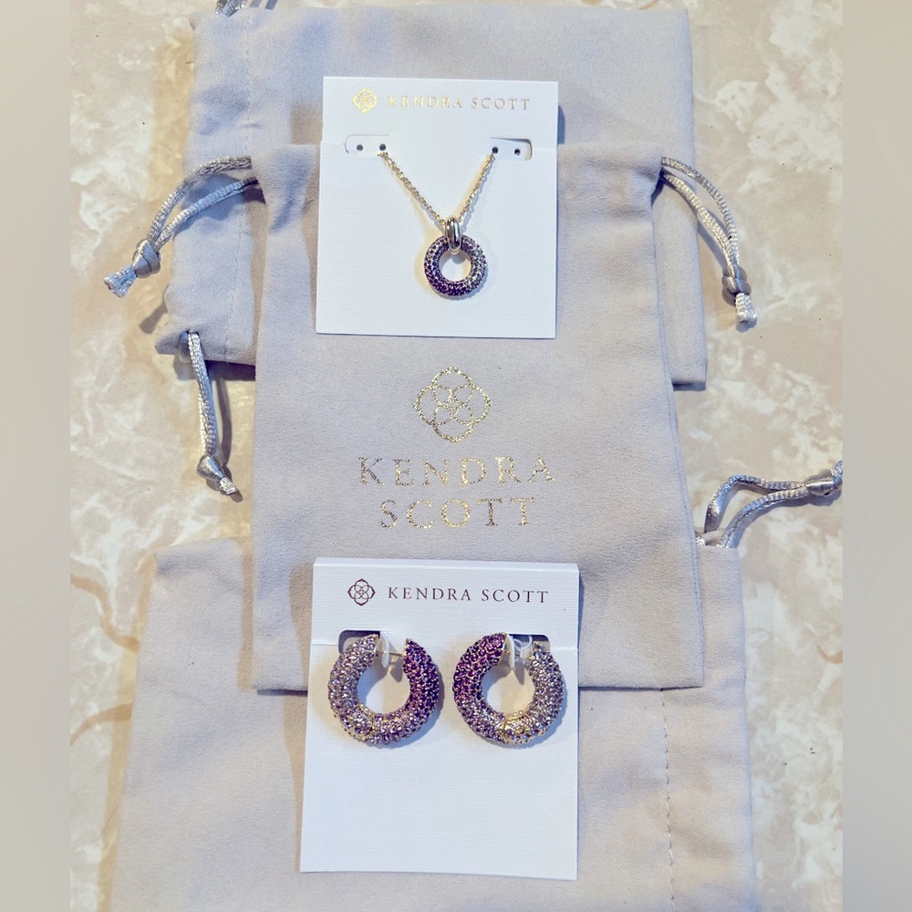 BNIB Kendra Scott Mikki Gold Pave Purple Mauve Ombré Mix Necklace and Earrings